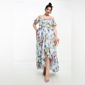 ASOS Curve Floral Ruffle Cut Out High Low Off Shoulder Floral Maxi | Blue |SZ 20